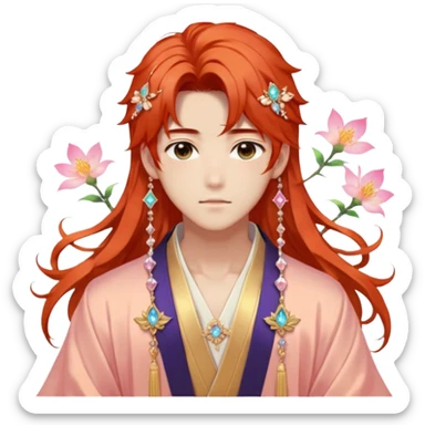 Beautiful gorgeous blushing Korean-Japanese-youthful elegant handsome anime guy with beautiful fiery-special-medium-long-hair, fashion aesthetic, ethereal, fairycore, pastelcore, flower petals, crystals, layered robes, accessories, jewelries, gold, colorful, shiny, trending style, outside sticker