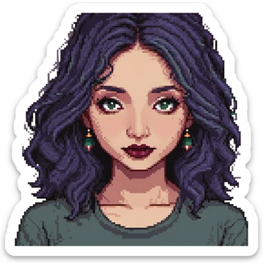 medium tanned Indian girl with black eyes, dark purple wavy medium-length hair, wearing a dark green tee shirt, mole on top of left cheek, slightly crooked nose, medium lips with dark red lipstick, wearing eyeliner, beautiful lashes, some blush, pixel art style sticker