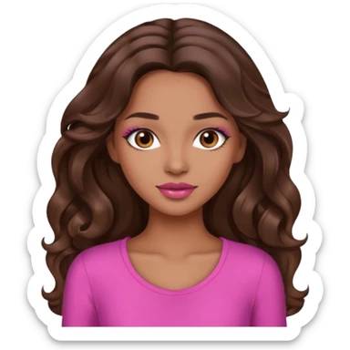 gorgeous woman, light brown skin, dark brown eyes, long wavy brown hair, pink top, lipgloss, model, mixed  sticker