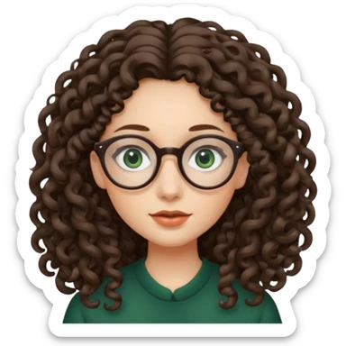 rapariga, olhos verdes escuros, rosto oval, cabelos muito compridos aos caracóis, com óculos sticker