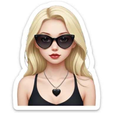 Blonde girl with pale skin and long hair with black cat eye sunglasses in black tank wearing a thin heart necklace  sticker