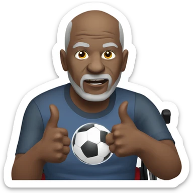 old black bald man with a protruding round belly in wheelchair. angry face. grey stubble. he is pointing finger in front. Arsenal soccer shirt. mouth word bubble sticker