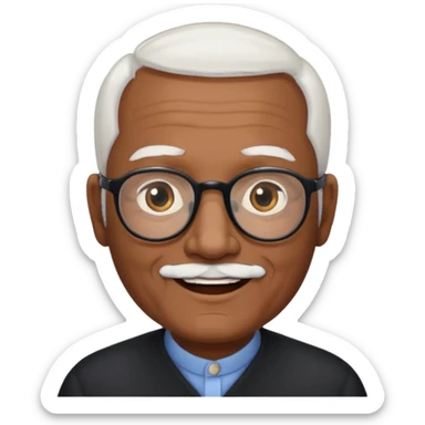 an elderly man with medium-dark skin tone, bald on top with short white hair at the sides, thick white eyebrows, large brown eyes, and wears black-framed glasses.
A small white beard sticker