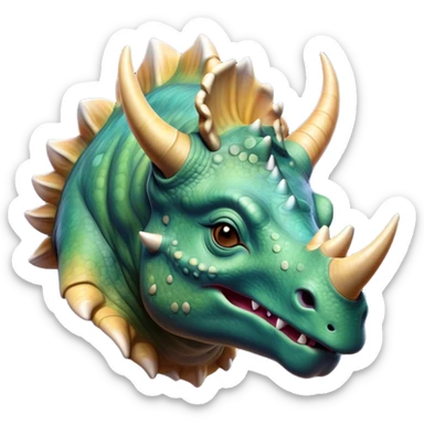 Beautiful and Majestic Triceratops Portrait Emoji, Head and body rendered in serene repose with a gentle, content smile, showcasing a robust, horned form with an intricately frilled head and eyes softly closed in tranquil repose, Simplified yet exquisitely endearing features, highly detailed, glowing with a soft, drowsy prehistoric light, high shine, relaxed and utterly majestic, stylized with an air of ancient splendor, soft glowing outline, capturing the essence of a beautiful and majestic Triceratops that embodies the timeless strength of the ancient world! sticker