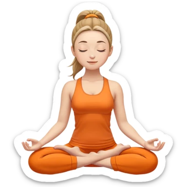 caucasian woman with ponytail in lotus position meditating, eyes closed with a slight smile, peaceful expression, orange yoga clothes sticker