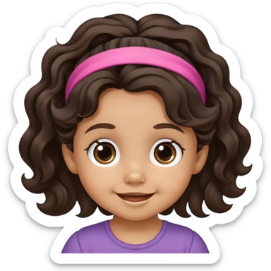 smiling toddler face with big eyes, medium skin tone, dark wavy hair, and a hair band sticker