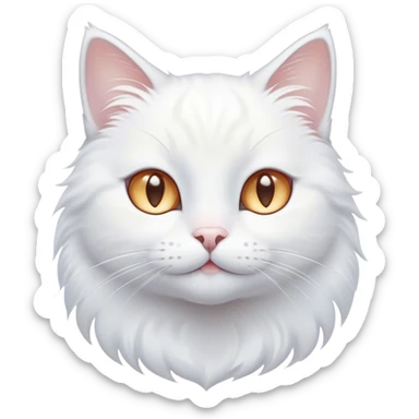 Cinematic Cute White Cat Portrait Emoji, Head tilted with a soft, gentle smile and sparkling eyes, featuring a silky, pristine white fur with subtle silver highlights, simplified yet irresistibly adorable, highly detailed, glowing with a warm, snowy glow, high shine, radiating affectionate charm and tender grace, styled with a light, playful outline, capturing the essence of a cute white cat that looks as if it could melt your heart with a single blink! sticker