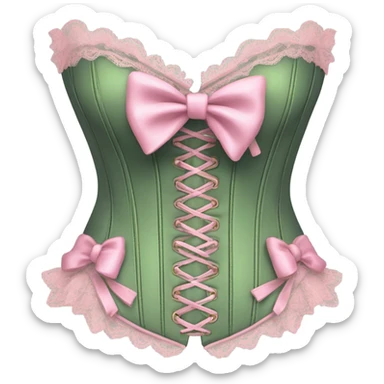 Sage green corset with pink lace and bows, isolated sticker