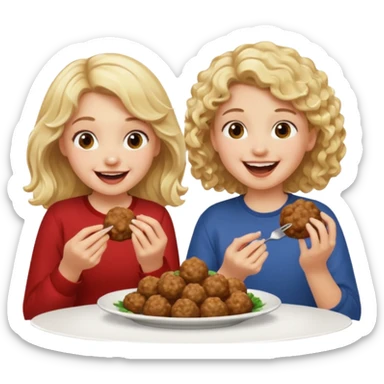 Ragazza bionda leggermente mossa che ride ad un ragazzo con i capelli ricci scuri mentre mangia polpette sticker