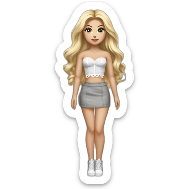 hyperrealistic caucasian blonde female, long straight hair, white lace-up crop bustier, grey tight mini skirt, full view sticker