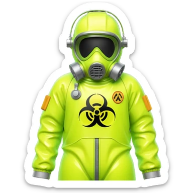 3D render of Hazmat Suit, toxic waste aesthetic, neon green bubbling liquid, caution yellow metal, industrial warning texture. sticker