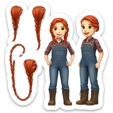 Farmer girl with red hair with braids and plaid shirt and overalls  sticker