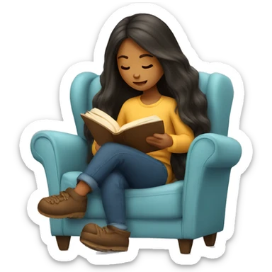 long hair girl reading a book in cozy chair  sticker