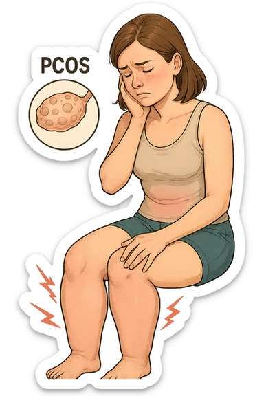 vertical format medical style illustration of a woman with PCOS confronting her swollen legs, clear anatomical and emotional emphasis, no background sticker