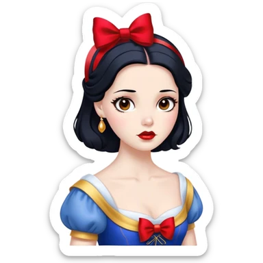 Cinematic Elegant Snow White Portrait Emoji, rendered in a realistic, vector-style with minimal shading and bold, simplified shapes. Depict Snow White (chest and above) with flawless porcelain skin, expressive deep brown eyes, and lustrous raven hair neatly styled with a red bow, wearing her classic blue and gold dress. The image glows with a soft, pure radiance and high shine, capturing timeless beauty and gentle grace. sticker