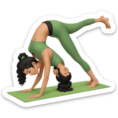 a woman with olive skin tone and curly black hair wearing green and doing a downward dog yoga pose sticker