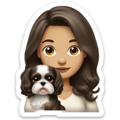Young dark brunette medium kin hair woman with a cream shih tzu in her arms long wavy hair sticker