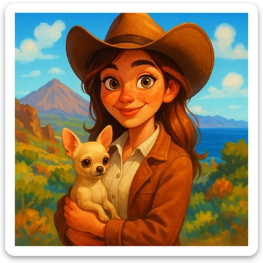 Portrait of a female cowboy with cream shirt and cognac-colored jacket, freckles, tanned skin, hazel eyes, auburn-highlighted hair, holding a beige chihuahua in her arms, blurred background of Tenerife, Pixar art style, bright illustration, expressive with large expressive eyes, vivid colors sticker