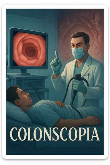 A medical cinematic illustration showing a patient undergoing a colonoscopy in a modern clinical setting. On the monitor, the endoscopic camera shows smooth, healthy-looking intestinal mucosa — clean and without evidentiary signs. But layered symbolically in the background (or faded into the intestinal wall), tiny parasitic organisms like protozoa and helminths are subtly depicted hiding between folds, or embedded deeper in tissues, undetectable by the surface-only scope. The doctor gestures with confidence, while the patient remains unaware that the test might not reveal the true underlying infection. The scene has cool clinical lighting, shallow depth of field, and realistic anatomy, overlaid with symbolic, almost ghost-like imagery of parasites in italiano sticker