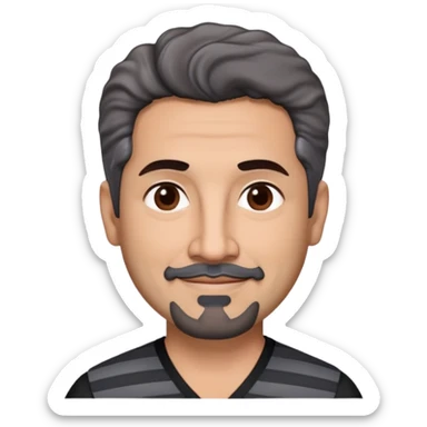 Latino theatre director in his late 40s with cinnamon skin. Square structured face. Approachable expression with gentle smile. Calm dark eyes. Thick eyebrows. Well-groomed black goatee with a few gray hairs. Short curly dark hair. Wearing a black V-neck shirt with gray stripes. sticker
