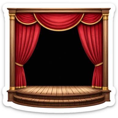 A wooden theater stage with red curtains slightly parted. sticker