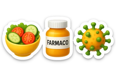 EMOJI STILE IPHONE DI una bowl di insalata, una boccetta di farmaco con la scritta "FARMACO" SULLA BOCCETTA E UN VIRUS, FLUTTUANO IN ARIA, IPERREALISTICO 4K sticker