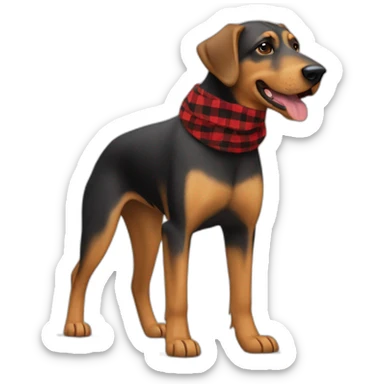 adult 75% Coonhound 25% German Shepherd mix dog with visible tail wearing small pointed red buffalo plaid bandana full body walking left quickly sticker