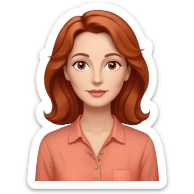 Middle-aged woman with elongated face, gentle structure, prominent cheekbones, warm expression, medium almond dark eyes, softly arched eyebrows, straight slender nose, friendly defined lips, reddish wavy hair with volume, wearing a coral-colored artistic-cut comfortable shirt sticker