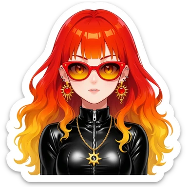 Beautiful gorgeous anime lady with beautiful fiery long warm-red-orange-yellow-gradient-wavy-special-hair, fashion aesthetic, slim red-tinted-sunglasses, accessories, gold jewelries, red-and-yellow sunny-pattern-eyes, black latex-suit, biker-woman, cool, badass, ahoge, gold necklace sticker
