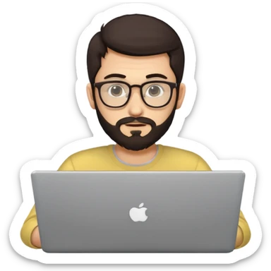 23 year old Azerbaijani man with very dark brown hair and beard with glasses and laptop , light yellow skin face sticker