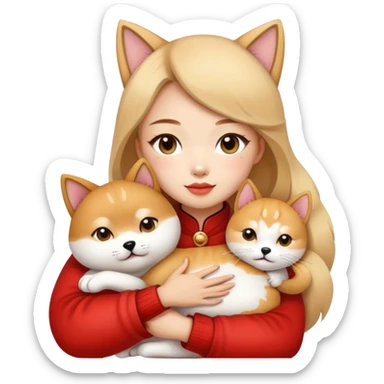 chinese fashion girl hugging  A Shiba Inu and a cat sticker