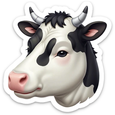 Meme-Worthy Cute Sleeping Black and White Cow Portrait Emoji, Head resting peacefully with a contented smile, showcasing a robust build and a luxuriously soft contrasting coat of black and white, eyes shut in a serene, restful nap, Simplified yet hilariously adorable features, highly detailed, glowing with a soft, drowsy light, high shine, relaxed and utterly lovable, stylized with an air of playful laziness, bright and heartwarming, soft glowing outline, capturing the essence of a comically sleepy cow, so meme-worthy it feels like it could instantly become the next viral sensation of adorable slumber! sticker