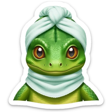 Lizard with face mask and towel on its head and cucumbers on its eyes sticker