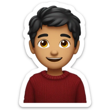 smiling and pointing north indian kid with chubby cheeks black hair wearing a dark red sweater sticker