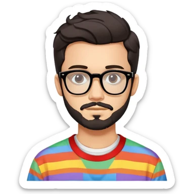 young adult man with light skin, short beard, dark wavy hair, relaxed expression, very wide rectangular glasses with thick black acetate frame and thick double bridge, retro oversized style, colorful open shirt and white t-shirt sticker