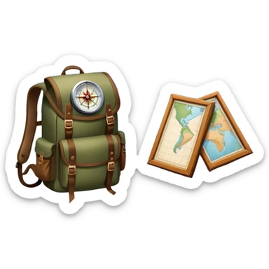 Icon for Expeditions: a compass, a map, and a backpack with trekking gear, placed on a rugged mountain terrain with snow-capped peaks. The icon should evoke the spirit of adventure and discovery in remote, unexplored places. Transparent background. sticker