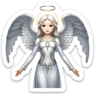 Full body, Cinematic and Ultra realistic 32k HD hauntingly beautiful Angel with Balanced features, highly detailed, glowing with silver light, high shine, remembrance, a painting of white silver, fanciful, enchanting. The image is so lifelike it could leap off the canvas at any moment sticker