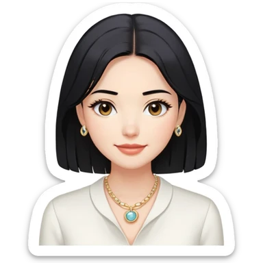 Hair: Shoulder-length black hair with face-framing layers Face: Soft double eyelids, "professional smile" with closed lips Clothes: Crisp white blouse with statement necklace Action: Adjusting ring light for Zoom meeting background sticker