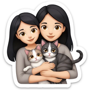 happy girl with black hair hugging three cats  (carey cat, gray cat, brown calico cat) sticker