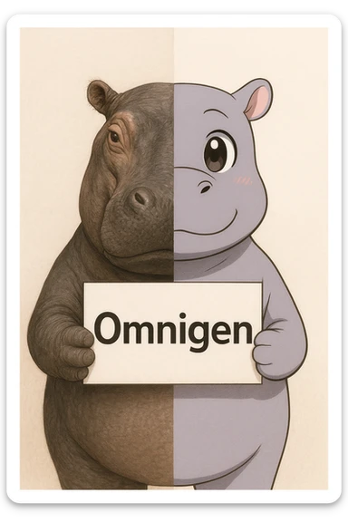 a hippo holding sign of omnigen, half picture hippo is realistic another hald is the anime of that same hippo sticker