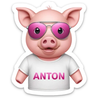 A pig with aviator sunglusses, with a t-shirt with a text "Anton" sticker