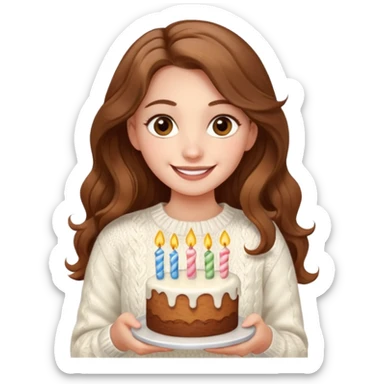 A pretty white girl with hazel brown eyes and long brown wavy hair in a cosy white knit sweater, she is celebrating her birthday and is happy sticker