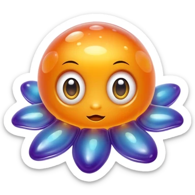 a combination of a water droplet and a ghost tail.
The bottom part is softly squished and slightly curled like a tail
floats in the air with no feet, has small round hands like jelly
Ieyes are large, round, and sparkle like jelly marbles.
The character has a translucent jelly-like texture. sticker