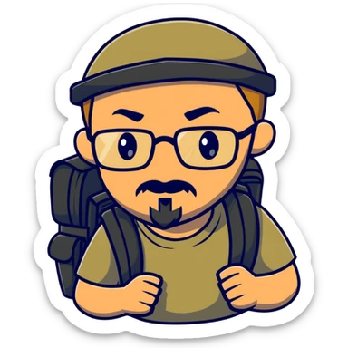 adventurer with goatee beard (no beard on cheeks), short hair, glasses, backwards military tan cap and backpack sticker