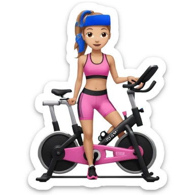 Light skin girl with long light brown hair in a pony tail, black workout set leaning on a indoor spin bike with NO HELMET, can we add a pink sports bra that says HOT GIRL CYCLE CLUB sticker