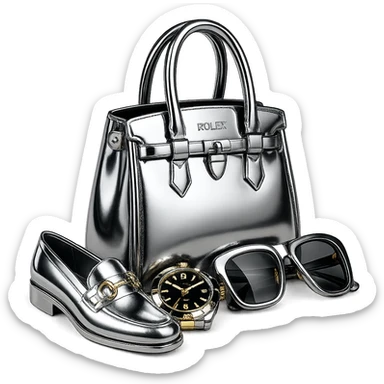Transform the image to chrome 3D style with color. Make the gold parts black and white, the shoe white and gold, the watch black and gold, the glasses black and gold, and keep the bag black and white. Ensure all items are highly reflective and metallic, with vivid color accents where specified. Remove the background. sticker