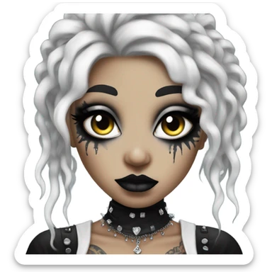 goth girl with heavy white and black makeup, piercings, tattoos, teased hair, white eyes sticker