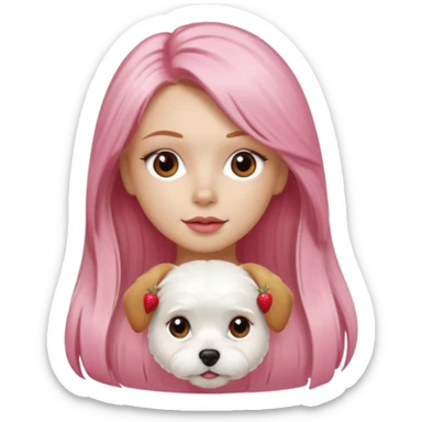 white Maltese terrier with pink nose on lap of girl with long blow-dried strawberry blond hair, brown eyes, thin eyebrows, slim nose, beautiful lips, Apple memoji emoji style sticker