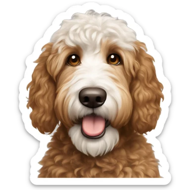 Brown and white patches Golden doodle dog showing tongue white head white eyes brown ears and brown patch on top of head fluffy head sticker