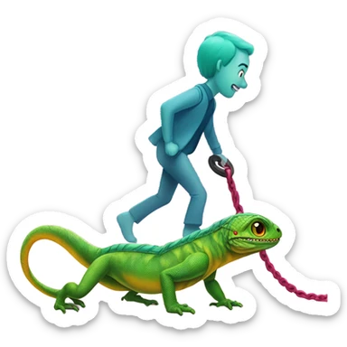 Man crawling on a leash on a walk by a lizard human sticker